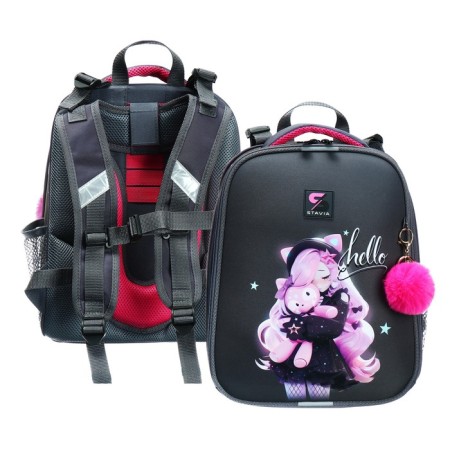 School backpack 38 x 30 x 16 cm, ergonomic back, stavia "anime with a toy, gray