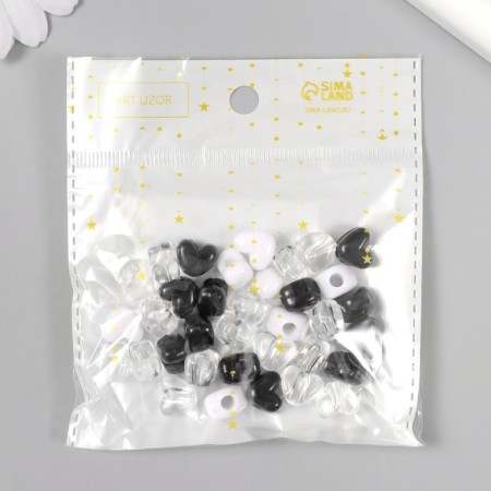 Plastic beads "Heart. Black, white, transparent" set of 20 g 1.2x0.9x0.8 cm-3