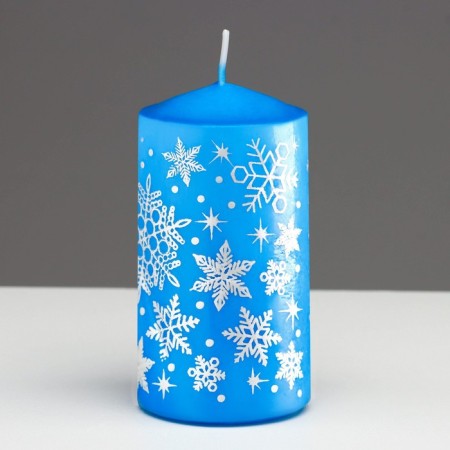 Candle - New Year's "Snowflakes" cylinder, 5x10 cm, blue with silver, mix-3