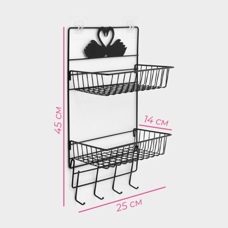 Bathroom shelf, 2-tier, 4 hooks, 47 × 25 × 14 cm, color black-2