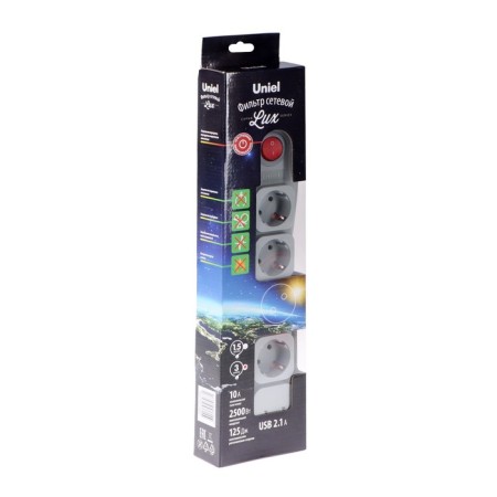 Unieel Lux network filter, 4 outlets, USB 2.1 A, 3 m, 10 A, 2500 W, PVS 3x0.75, S/K, Gray-3