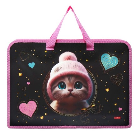 Folder with A4 handles, 340 x 245 x 35 mm, plastic, zipper around, Hatber "kitten in a hat"