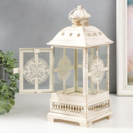 Climber Metal, glass "Lantern - Round Flower" White with a patina 12.5x12.5x30cm-3