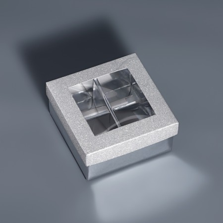 Box for 4 sweets silver glitter, 8.5 x 8.5 x 4 cm. Confectionery packaging