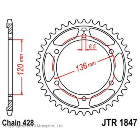 The rear star, driven, JTR1847 for a steel motorcycle, chain 428, 57 teeth