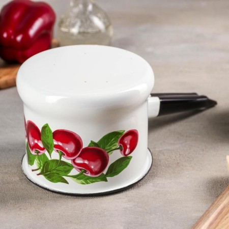 Bucket "Cherry Orchard", 1 l, enameled cover, metal handle, induction, white color-2