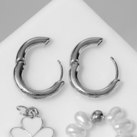 Earrings with the removable element "Transformer" Clover-heart, white-beige color in silver-2