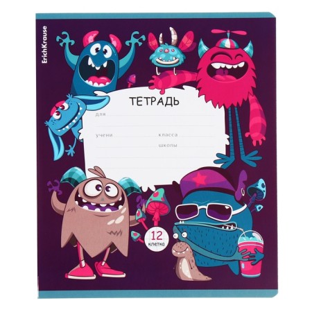 Notebook of 12 sheets in the Erichkrause "Monsters" cage, covered cardboard, OFSET block, mix-4