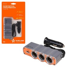 Прикуриватель-разветвитель на 3 гнезда + USB оранжевый Airline ASP-3U-03