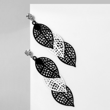 Earrings hanging "leaves" trio, black and white color in silver, 8 cm-2