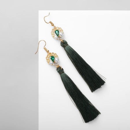 Earrings "brushes" with pearls, green-white color in gold, l brush 6.6 cm