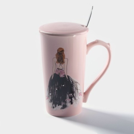 Ceramic mug with a lid and a spoon "Ball splendor", 300 ml, color mix