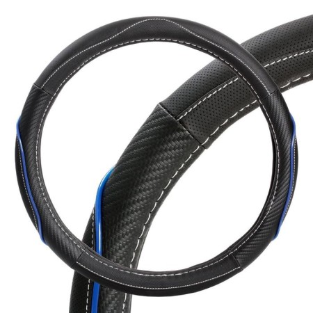 Braid on the steering wheel, eco -leather, Karbon texture, black/blue, white firmware, 38 cm/m