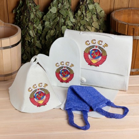 Set for a bathhouse and sauna 5 in 1 (bag, hat, mitten, rug, washcloth), with a print "USSR", white