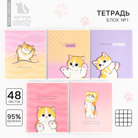 Notebook in a cage, 48 sheets A5 on a paper clip 5 pcs., Inner block No. 1 Mix “September 1: a cat with the paws” Twin Laca, UV lacquer