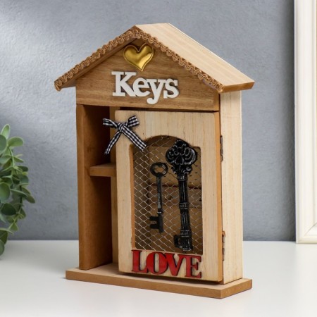Keywood wood 4 hook and shelf "keys and heart" 26x21x6 cm-1