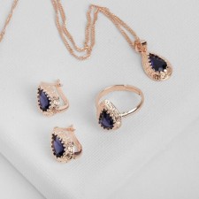 Set 3 objects: earrings, pendant, ring dimensionless “Edel” drop, dark blue color in gold, 45 cm