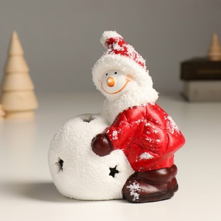 Souvenir Ceramics Light "Snowman in a red down jacket with a snowball" 10.8x8x13.7 cm-1