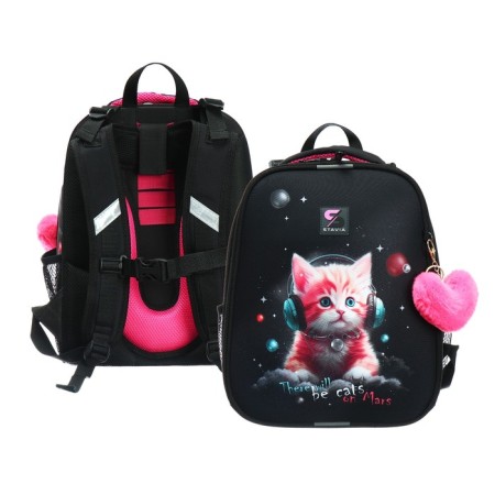 School backpack 38 x 30 x 16 cm, ergonomic back, Stavia "Martian cat", black