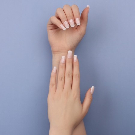 Classic French overhead nails, 24 pcs, with adhesive plates, soft square shape, pale pink/white color-11
