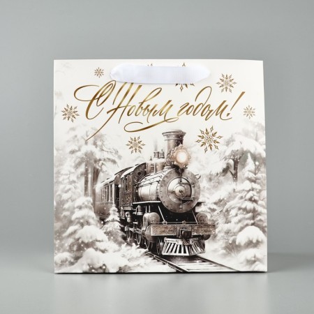 Package Gift New Year's laminated square "New Year's train", 22 x 22 x 11 cm, New Year-1