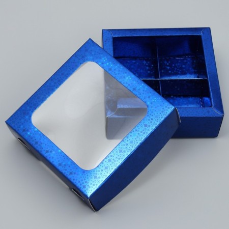 Box for sweets, confectionery packaging, 4 cells, “blue stars”, 10.5 x 10.5 x 3.5 cm-3