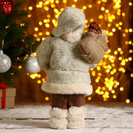 Santa Claus "in a white fur coat, with a flashlight and a bag" 30 cm-2
