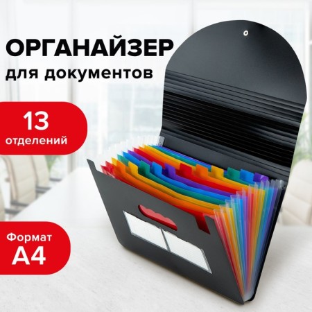 Folder-carte, A4, 12 departments, 800 μm, Brauberg Docs, with extension, a pocket for a business card, elastic band, embossing "sand", black-8