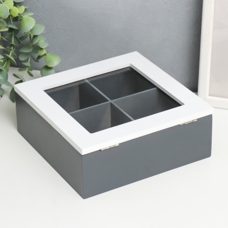 Casket wood, glass with divisions "Fern sheet" white-gray 18x18x7 cm-2