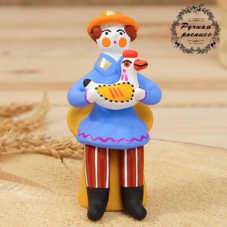 Dymkovo toy "Sitting man with a rooster", 11 cm, mix