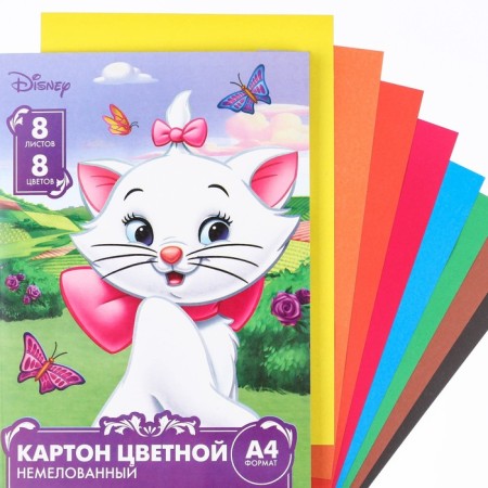 Cardboard color, A4, 8 sheets, 8 colors, non -unilateral, in a folder, 220 g/m², cats aristocrats-1
