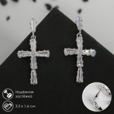 Earrings with rhinestones “Spark crosses” White color in silver