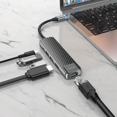 Adapter Hoco HB23, HDMI/USB3.0/USB2.0/RJ45/PD, 60 W, 3 A, cable length 13.5 cm, gray-6
