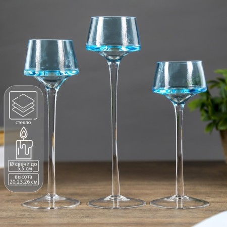 Glass candlestick set 3 pcs "Indigo" height 26cm, 23 cm, 20 cm blue