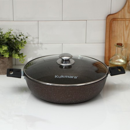 Stear, d = 30 cm, h = 8.5 cm, removable handles, glass cover, anti -stick coating, brown color