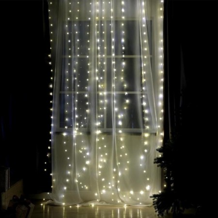 Garland "Curtain" 2.8 × 3 m dew on hooks, with a remote control, IP20, silver thread, 300 LED, glow warm white, 8 modes, USB