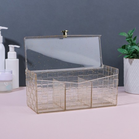 SHINE organizer for storage, with a lid, 3 sections, 21.5 × 8.8 × 9.5 cm, the color is transparent/golden-4