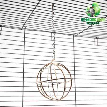 The hay feeder is a metal sphere, 8 x 8 x 15 cm