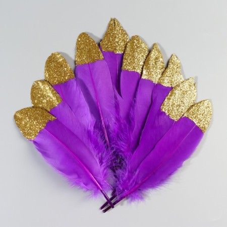 A set of goose feathers 15-20 cm, 10 pcs, purple with golden crumb-1