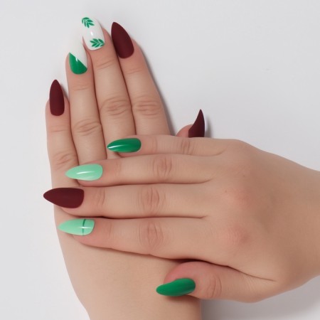 Follow nails, 24 pcs, with glue plates, almond shape, matte burgundy/green/white color-9