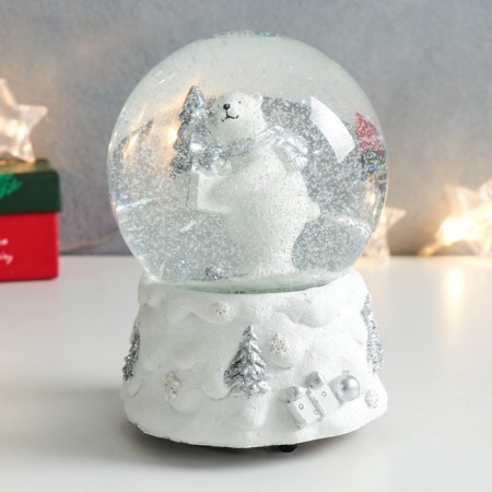 Souvenir Polystone Water Ball Music "White Bear with a Christmas tree and a gift" 11.5x11.5x14 cm-4