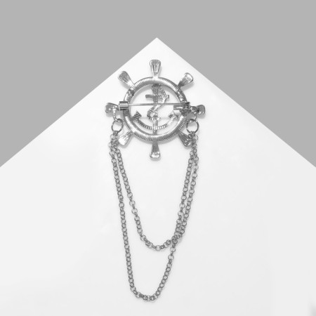 Brooch "SHAL" anchor with a chain, white color in silver-1