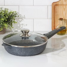 Granite pan, d = 26 cm, anti -stick coating, removable handle, glass cover, color gray color