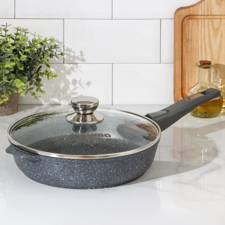 Granite pan, d = 26 cm, anti -stick coating, removable handle, glass cover, color gray color