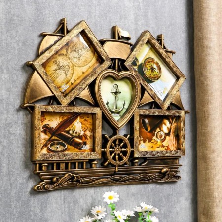 Photo frame plastic in 5 photos 10x15, 12x12 cm "ship" Dark gold 38x48 cm-1