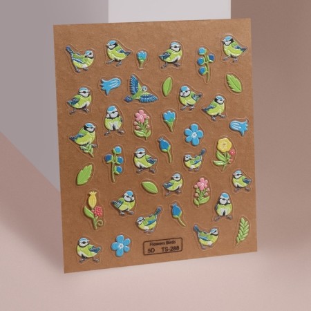Nail stickers "Ticks and flowers", voluminous, blue/yellow/green color-1