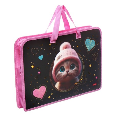 Folder with A4 handles, 340 x 245 x 35 mm, plastic, zipper around, Hatber "kitten in a hat"-1