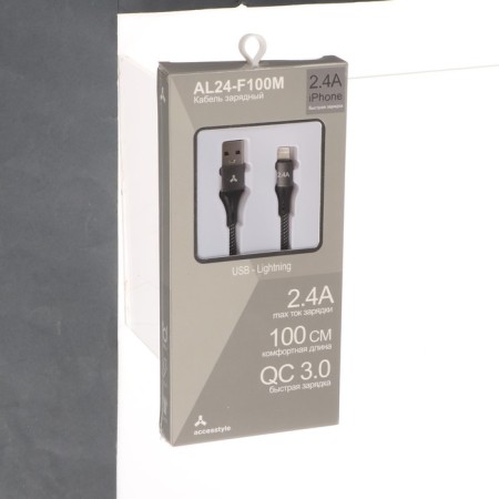 Cable Accesstyle AL24-F100M, Lightning-USB, 2.4A, fabric, fast charging, 1m, black-gray-1