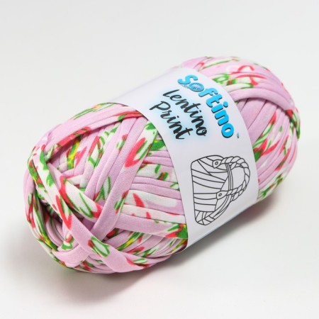 Knitted yarn 95% cotton, 5% Elastan "Lentino Print" 100 g 30 m flowers on pink-1