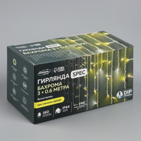 Garland "fringe" 3 × 0.6 m, IP44, UMS, white thread, 160 LED, yellow glow, white flicker, 220 V-5